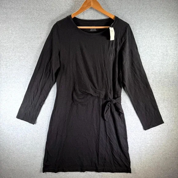 Aerie Sheath Dress Women's Large Black Round Neck Side Tie Long Sleeve Pullover - Picture 1 of 9